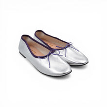 Load image into Gallery viewer, Olga in Silver Laminate, Purple Grosgrain READY-TO-SHIP
